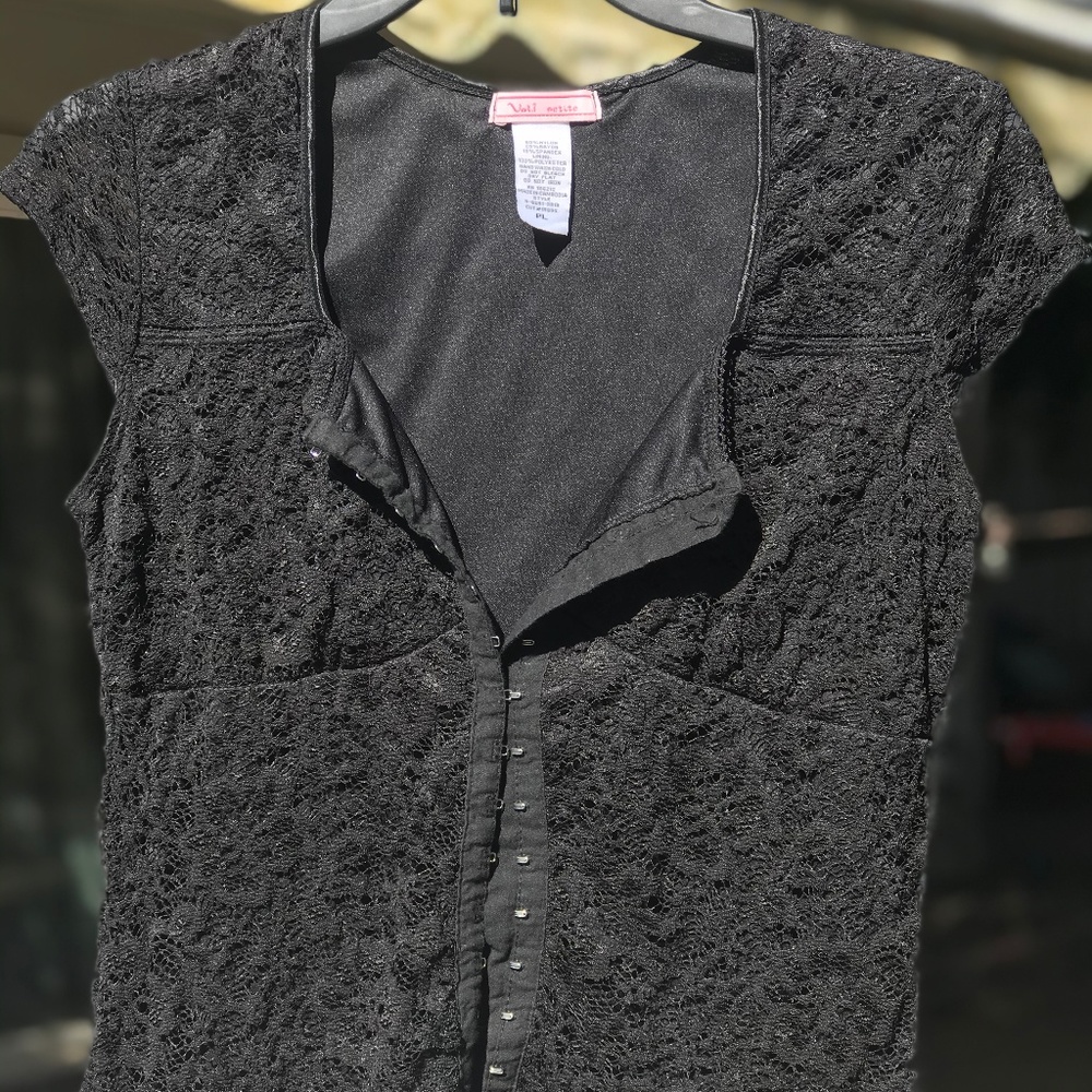 Black lace top, button front, black, womens shirt